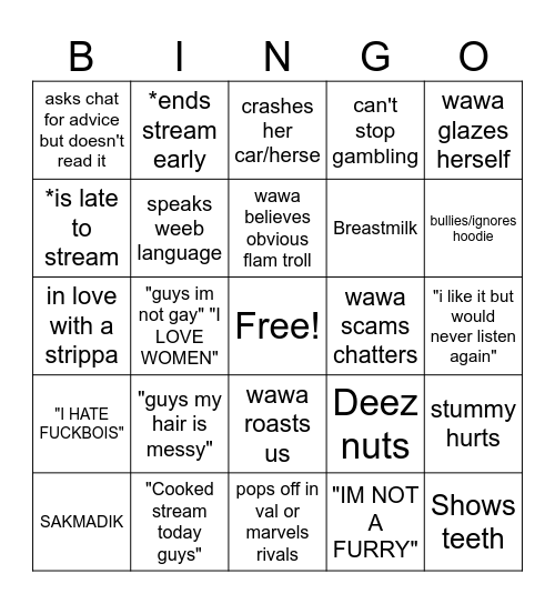 xawa bingo Card