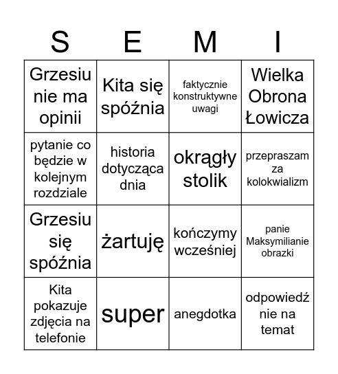 seminarium Bingo Card