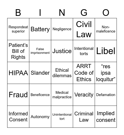 Ethics and Law Bingo Card