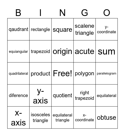 Math Vocabulary Bingo Card