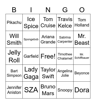 Celebrity Bingo Card