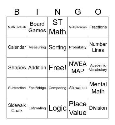 Gary Math and Literacy Night Bingo Card