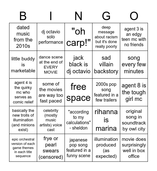 splatoon movie bingo Card