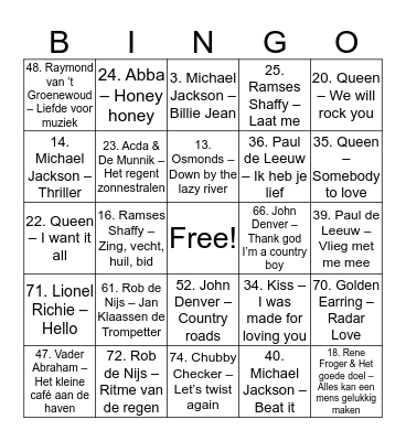 Muziek Bingo weekend 2016 Bingo Card