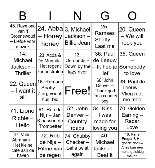Muziek Bingo weekend 2016 Bingo Card