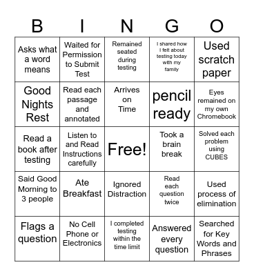 MAP Testing Bingo Card