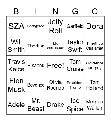 Celebrity Bingo Card