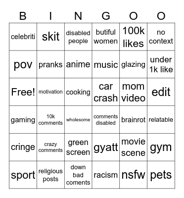 YouTube Bingo Card