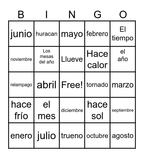 Spanish Months of the Year and Weather Bingo Card