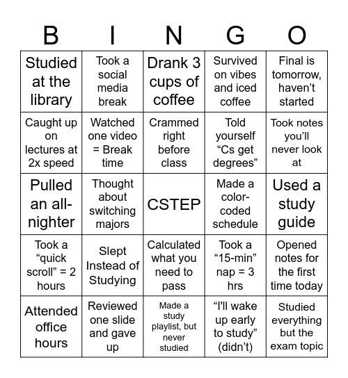 Final Prep Bingo Card