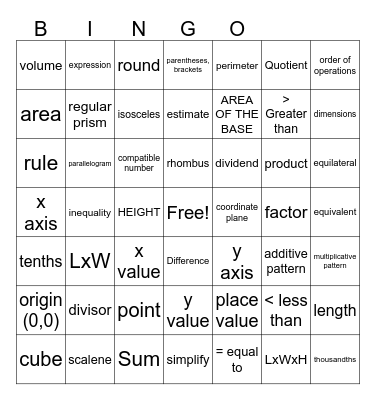 Fifth Grade Math - RnR Vocabulary Bingo Card