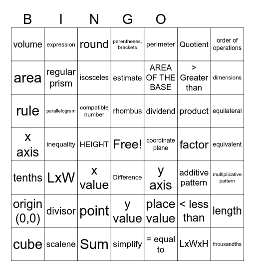 Fifth Grade Math - RnR Vocabulary Bingo Card