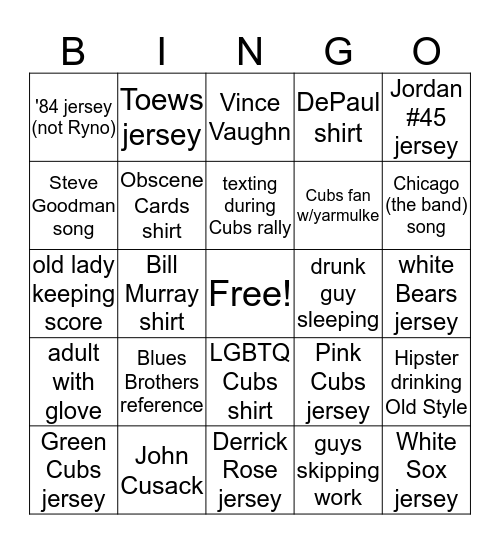 Wrigley Field Bingo Card