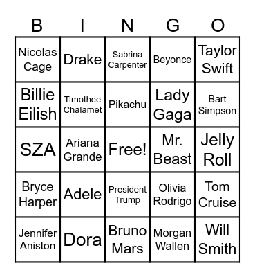 Celebrity Bingo Card