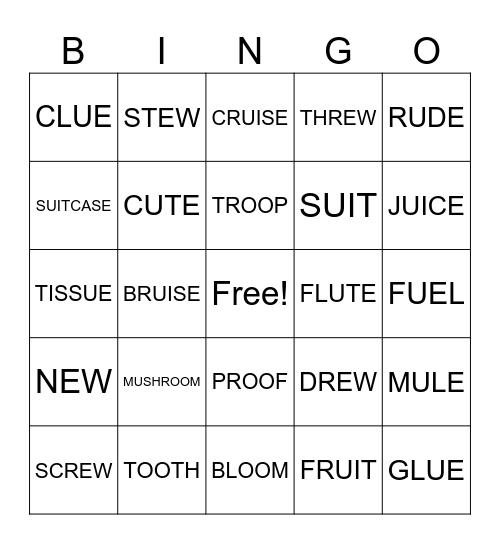 Long U words Bingo Card