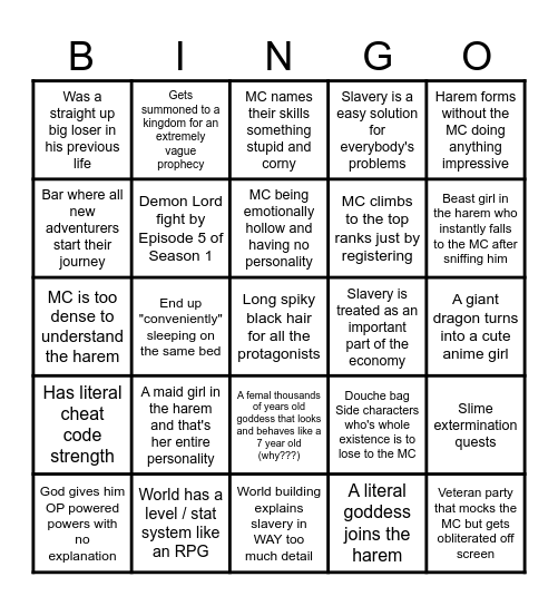 Isekai Anime Stereotype Bingo Card