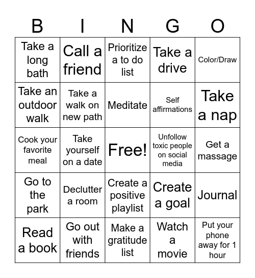 Self Care Bingo Card