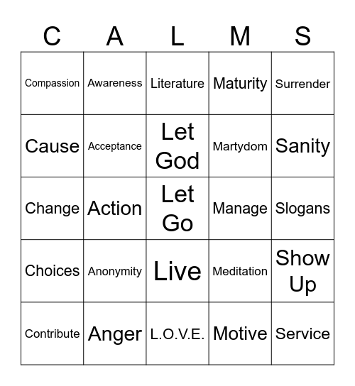 Alanon Alphabet Bingo Card