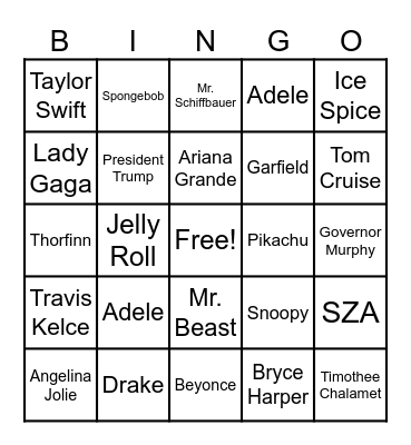 Celebrity Bingo Card