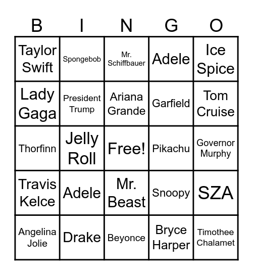 Celebrity Bingo Card