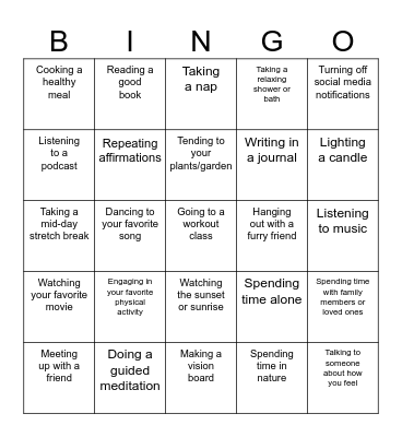 Self Care Bingo Card