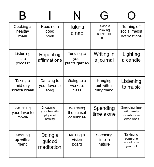 Self Care Bingo Card