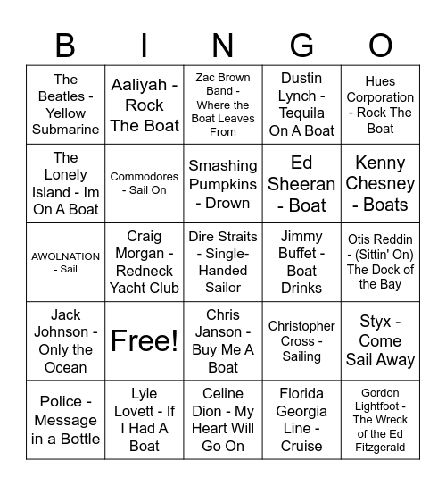 Rock The Boat Bingo Card
