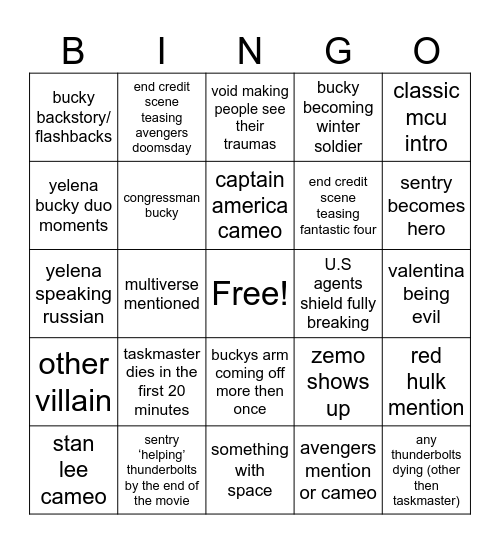 thunderbolts Bingo Card