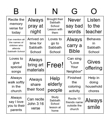 Good Kids Bingo Card