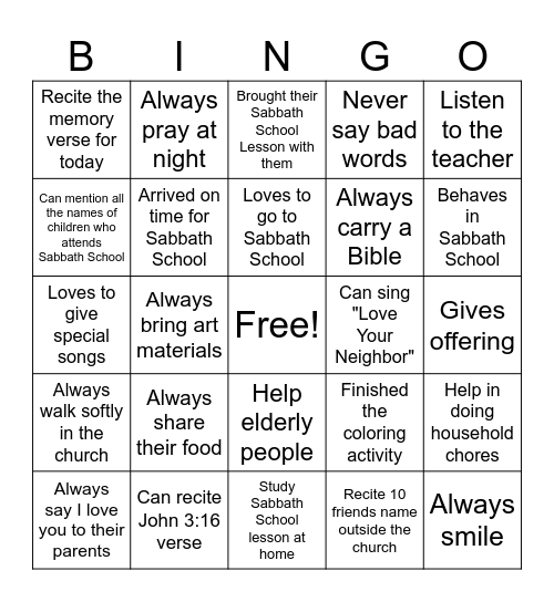 Good Kids Bingo Card