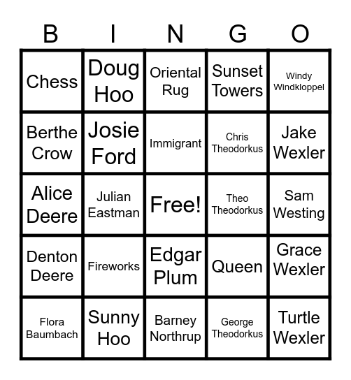 The Westing Game Bingo Card