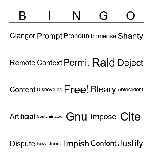 English 7 Vocabulary / STAR Bingo Card