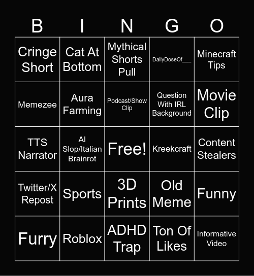 Youtube Shorts Bingo Card