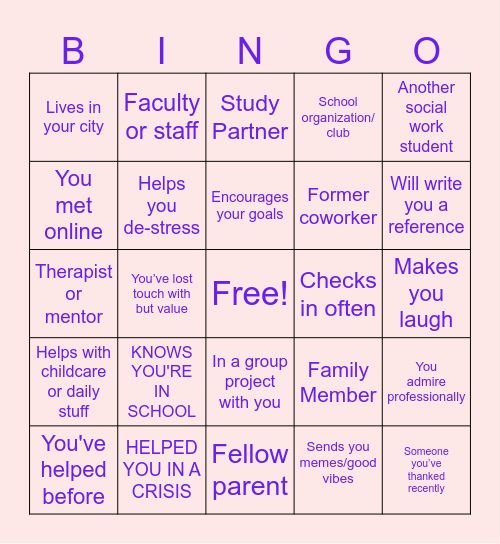 Support Network Bingo Card
