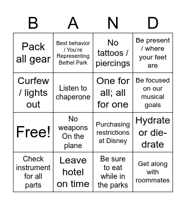 BP Music Trip meeting Bingo Card