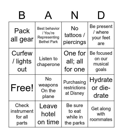 BP Music Trip meeting Bingo Card