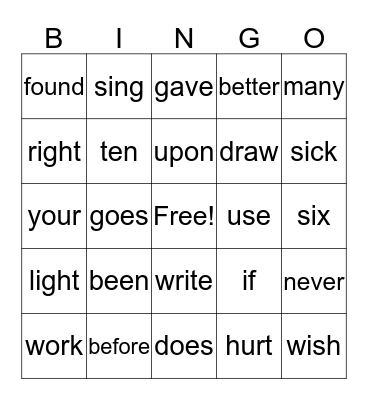 Sight Word Bingo Card