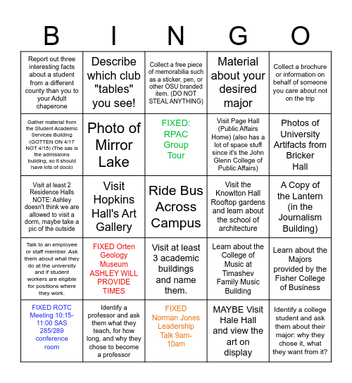 OSU Columbus Bingo Card