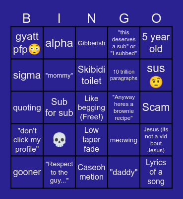 Youtube comments Bingo Card