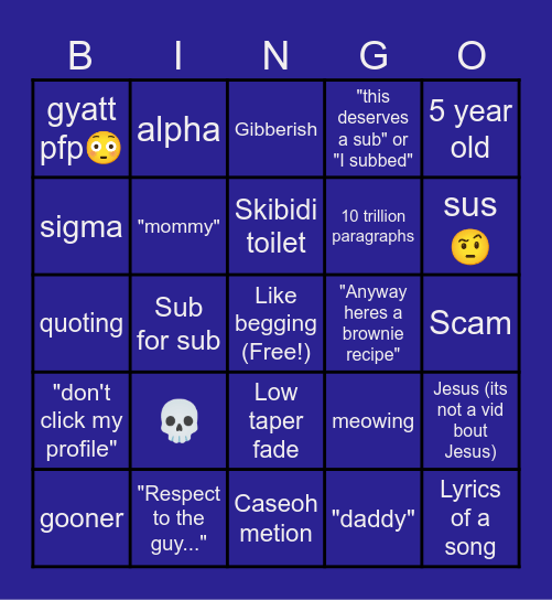 Youtube comments Bingo Card