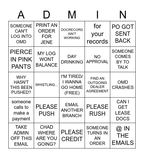 ADMIN BINGO Card