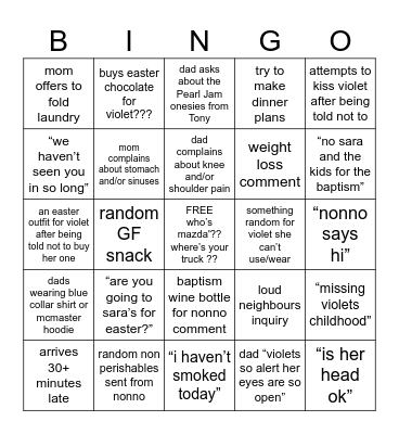 Anna & John Friday Visit Bingo Card