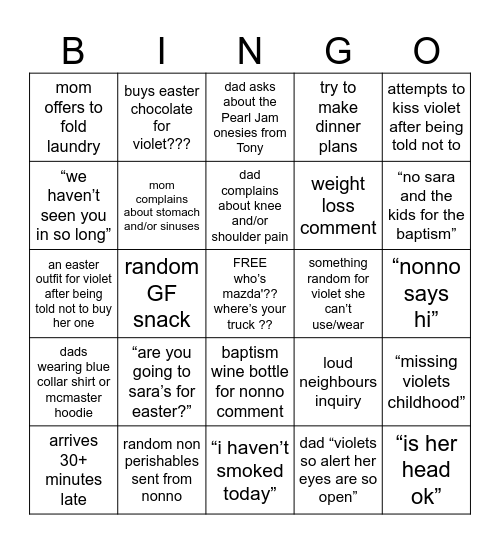 Anna & John Friday Visit Bingo Card