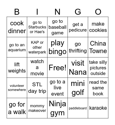 Mother/Daughter Activities 2025 Bingo Card