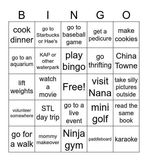 Mother/Daughter Activities 2025 Bingo Card