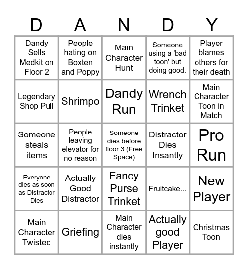 Dandy's World Public Run Bingo Card Bingo Card