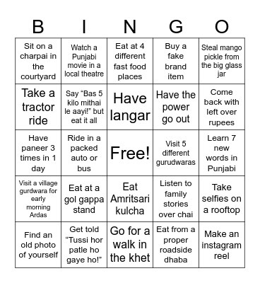 India Trip Bingo Card