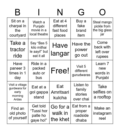 India Trip Bingo Card