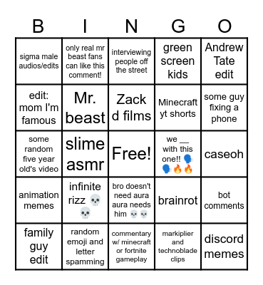 youtube shorts starter bingo Card