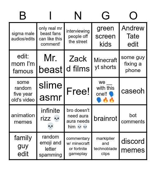 youtube shorts starter bingo Card